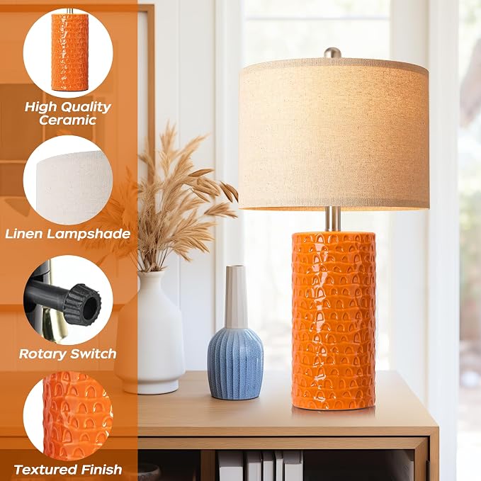23" Modern Ceramic Table Lamp Set of 2, Table Lamps for Living Room, Rustic Farmhouse Bedside Lamps Nightstand lamp for Bedroom, Desk Lamp for End Table Home Decor Orange - Image 4