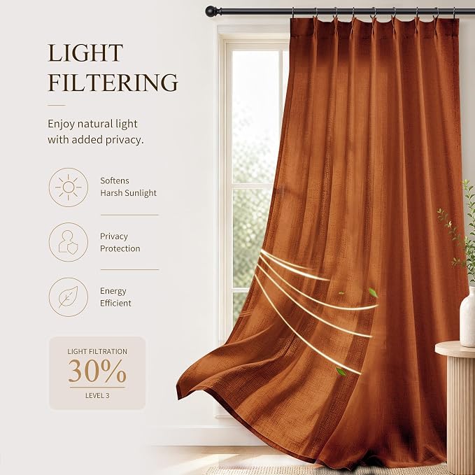 Hokibero Terracotta Pleated Linen Curtains 120 Inch Long for Living Room | Burnt Orange Light Filtering Sheer Curtain,Pinch Pleat Back Tab Hooks Rings,Boho Textured Privacy Drapes for Bedroom,2 Panels - Image 6