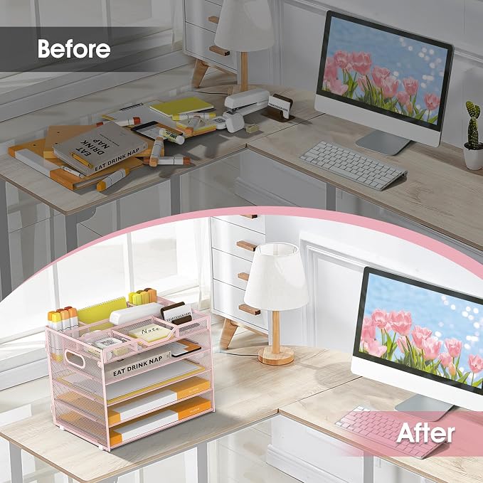 5 Tier Paper Letter Tray Desk Organizer with Pen Holders - Pink | Features 3 pen holders and 4 removable dividers.Versatile mesh desktop storage for mail, document,office supplie - Image 5