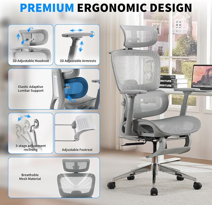 Mesh Ergonomic Office Chair with Footrest, Grey | High Back, Lumbar Support, Adjustable Headrest and Armrests, Gaming Chair,Home Office Desk Chair - Image 3