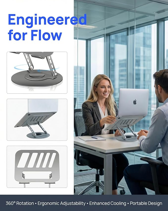 Compatible 360° Rotating Adjustable Laptop Stand, Fully Foldable Dual Rotary Shaft Laptop Riser Portable Standing Desk, Fits MacBook & All 10-15 Inch Laptops - Grey - Image 3