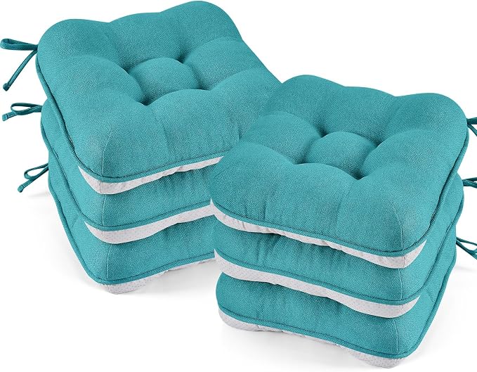 BETU Chair Cushions for Dining Chairs Set of 6,3.5" Thick Kitchen Table Chair Pads with Ties,Non Slip Backing and Covers, Seat Cushion for Dining Room,Bar,Patio Chairs,15.5"X15.5"X3.5",Teal by BETU