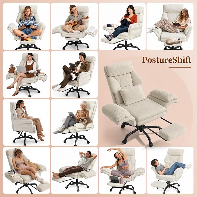 C57 Ergonomic Reclining Office Chair with Footrest, Velvet Desk Chair with 6-Stage Adjustable Wing Armrests for Cross Legged Sitting, Pet Friendly High Back Lounge Gaming Chair for Home Office - Image 7