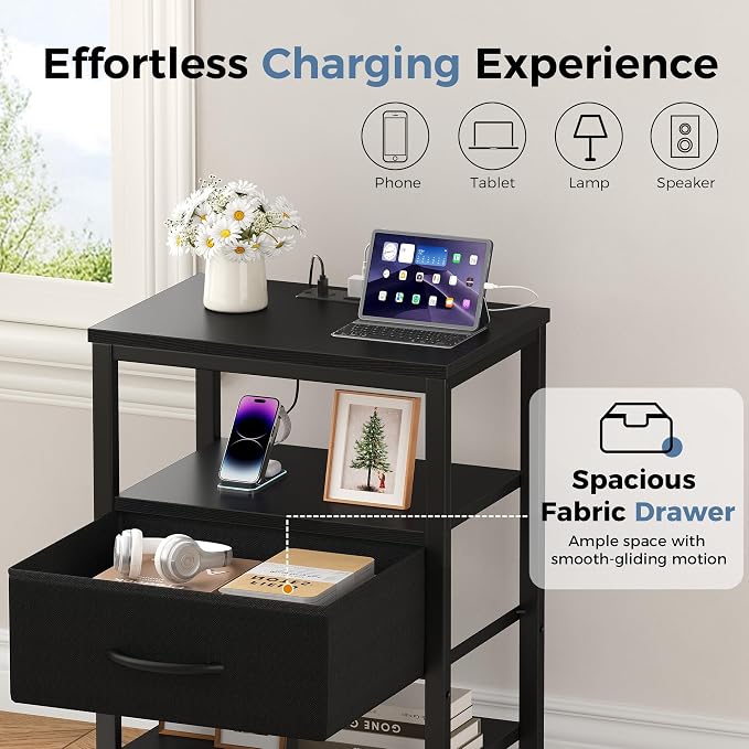 OLIXIS Nightstand with Charging Station, Beside Table with Fabric Drawer | 3-Tier End Table with 2 Storage Shelves,Night Stand with USB Ports and Outlets for Bedroom, Black - Image 5