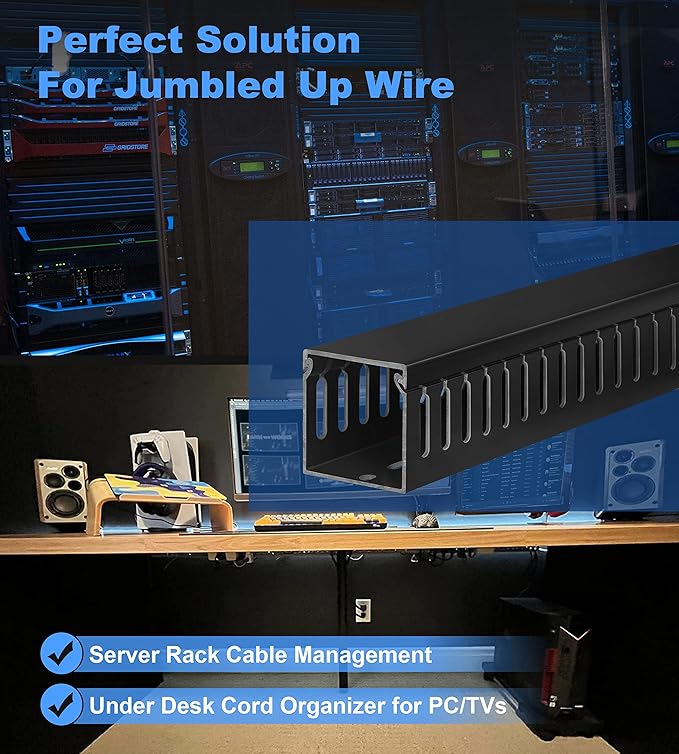 ZhiYo 2"H x 2"W Cable Raceway, 6ft Under Desk Wire Management Channel Black | Slotted Wire Duct, 2 Pack (3 ft Each), Heavy-Duty PVC Cable Management for Server Racks, Network Cables & Electrical Cabinets - Image 4