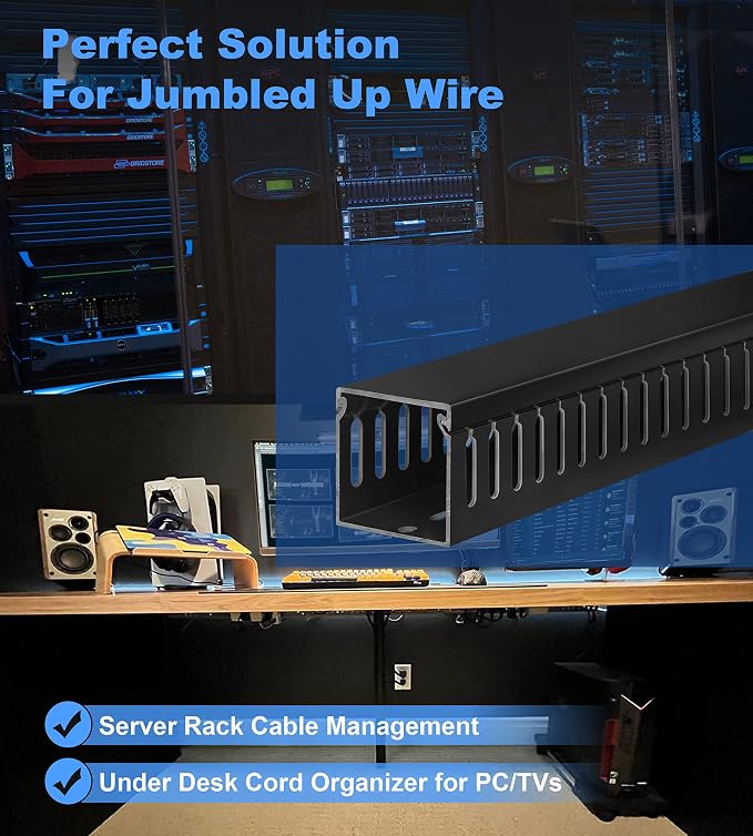 2" H x 2" W Cable Raceway, 33in Under Desk Wire Management Channel, Black | Slotted Wire Duct, 2Pack, 16.5in Each, Heavy-Duty PVC Cable Management for Server Racks, Network Cables & Electrical Cabinets - Image 6
