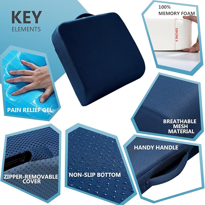 YOUFI Extra Thick Large Seat Cushion, Gel Memory Foam Cushion with Carry Handle Non Slip Bottom, Pain Relief Coccyx Cushion for Wheelchair Office Chair (Blue, 19" x 17.5" x 4") - Image 4