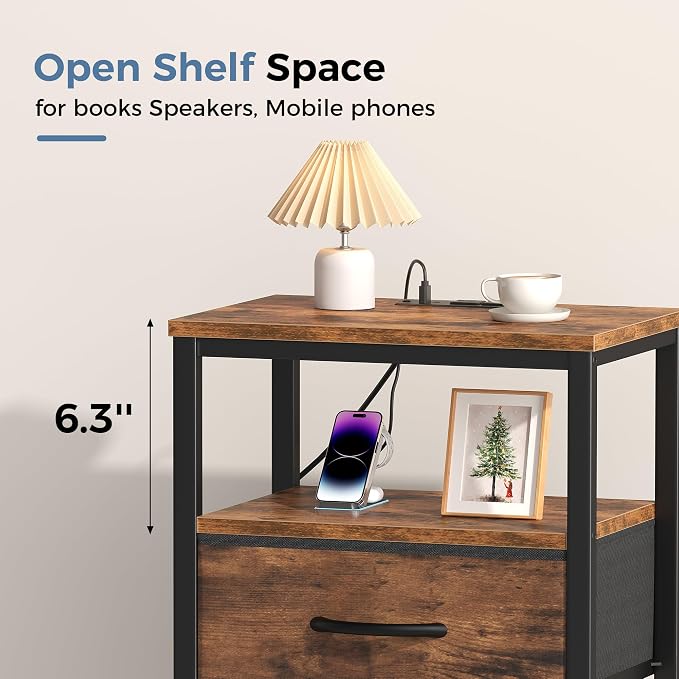 OLIXIS Nightstand with Charging Station, Beside Table with Fabric Drawer | 3-Tier End Table with 2 Storage Shelves,Night Stand with USB Ports and Outlets for Bedroom, Rustic Brown - Image 4