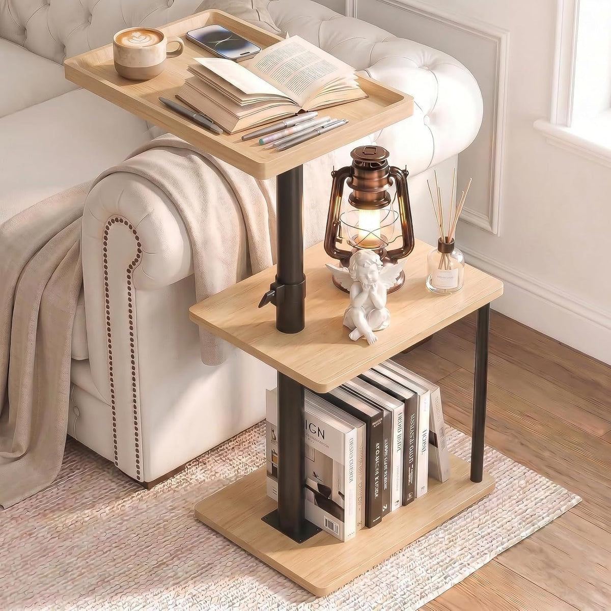 C Table End Table Adjustable Height, 360°Swivel TV Tray Table for Small Spaces, Small Nightstand for Living Room, Bedroom, Oak by Faesun
