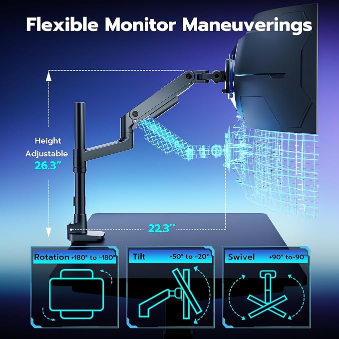 Single Monitor Arm Desk Mount for 17-49 Inch Monitors, Black | Heavy Duty Monitor Mount Stacked Monitor Arm Desk Holds 44 lbs - Image 5
