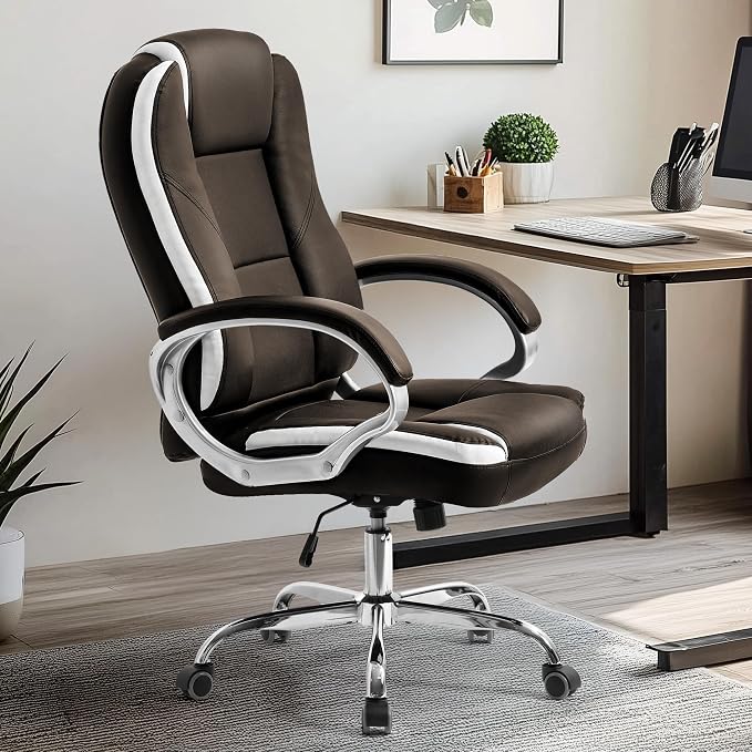 NEO CHAIR Office Desk Chair PU Leather Chair with Lumbar Support, Brown | Ergonomic High Back Executive Computer Chair, Comfortable Padded Fixed Armrests Swivel Chair with Wheels for Office/Home - Image 2