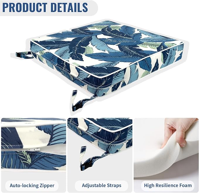 Patio Chair Cushions 19 x 19 x 3 Inch, Outdoor Cushions for Patio Furniture, Water Repellent Outdoor Seat Cushions with Straps Garden Sofa Couch Pads, Set of 2, Swaying Palms Blue - Image 4