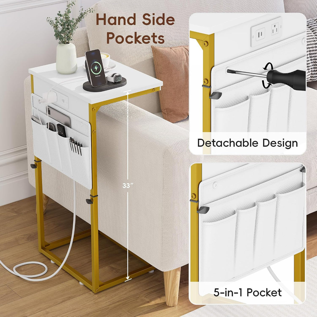 C-Shaped End Table with Charging Station, Small Side Table for Couch, 33" Tall C Table Adjustable Height Side Table, Couch Tables that Slide Under, Sofa Table TV Tray for Living Room, Golden - Image 6