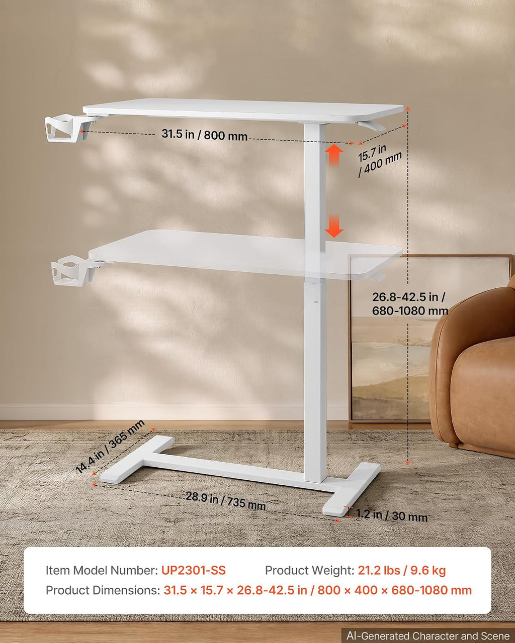 VEVOR Overbed Table 31.5"W x 15.7"D Mobile Bedside Table with Hidden Wheels - Image 3