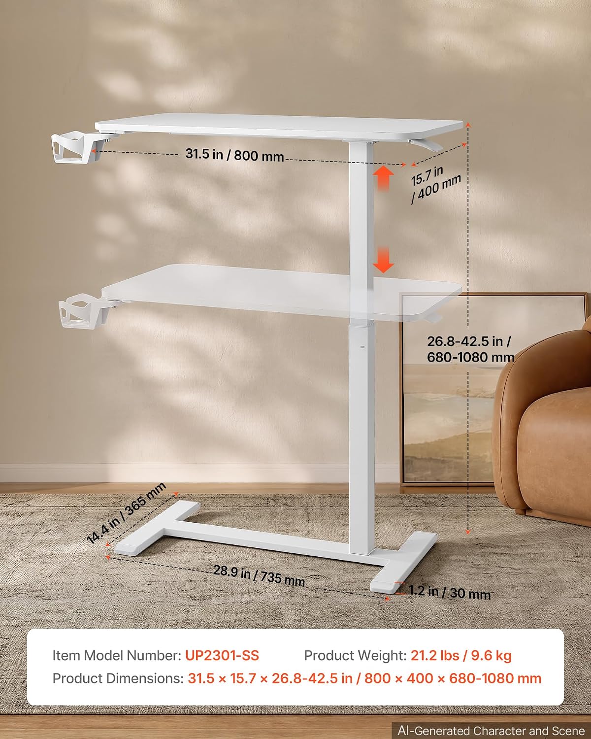 VEVOR Overbed Table 31.5"W x 15.7"D Mobile Bedside Table with Hidden Wheels - Image 3