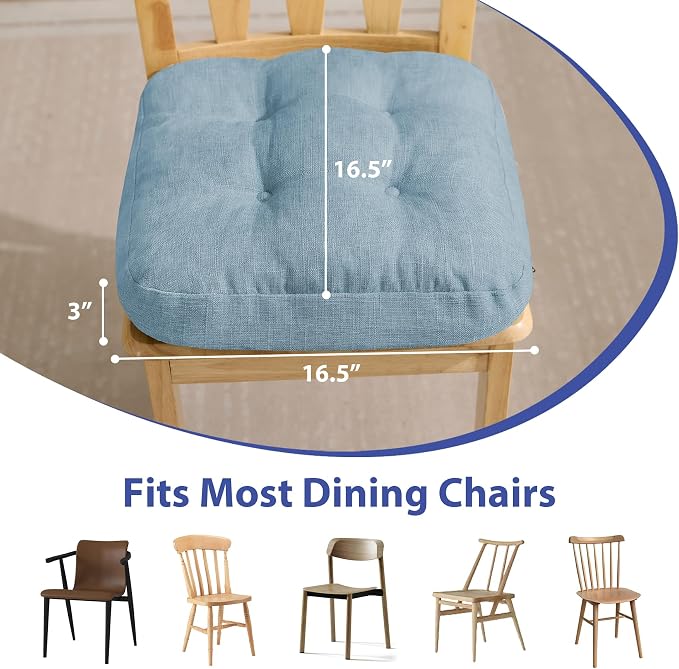 IASEAHK Chair Cushions for Dining Chairs, Dining Chair Cushions, Tufted Indoor Chair Pads with Ties & Non Slip Backing, Seat Cushions for Kitchen Chairs 16.5” x 16.5” x 3.5”, Set of 6, Light Blue - Image 3