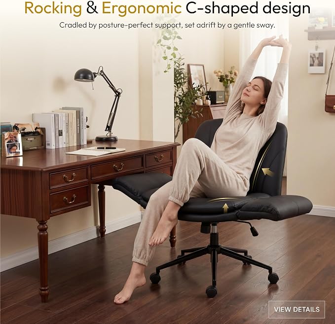 Dowinx Criss Cross Chair with Five-Level Adjustable Arms and Wheels - Comfortable Ergonomic PU Leather Swivel Vanity Chair - Computer Makeup Gaming Chair for Home Office, Bedroom, Living Room (Black) - Image 3