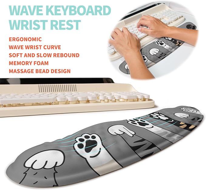 2-in-1 Ergonomic Set, Wave Rise Keyboard Wrist Rest and Massage Bulge Slope Mouse Pad Wrist Support, Cushion Memory Foam Integrated to Relieve Wrist Pain, Cute Cat Paws - Image 2