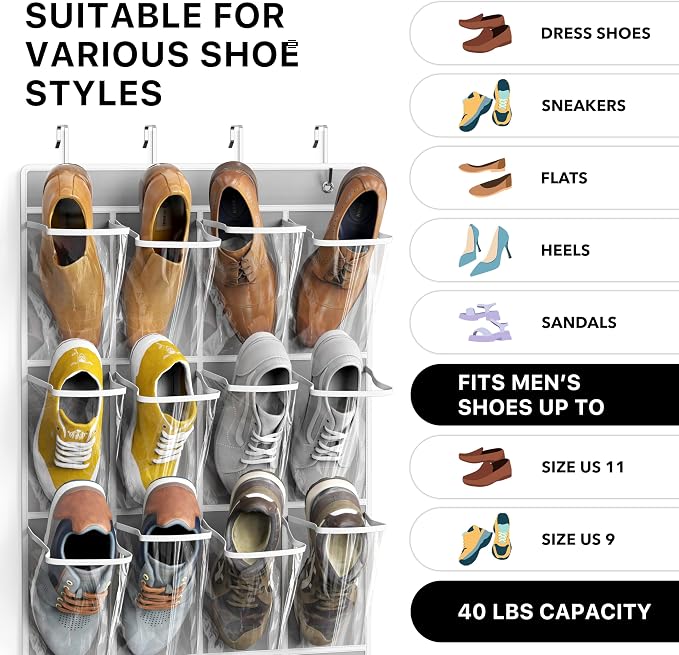 Simple Houseware 24 Pockets Large Clear Over the Door Shoe Organizer, Gray | 56" x 22.5", 4 Durable Metal Hooks, 5" x 9" Pocket Size, Multipurpose - Image 3