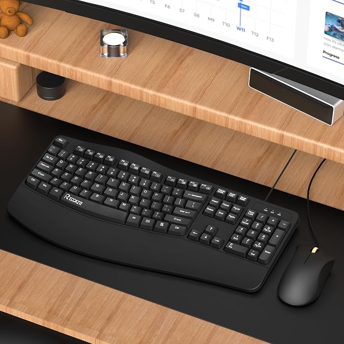 RECCAZR Ergonomic Keyboard, Wired Computer USB Keyboard with Wrist Rest | Spill-Resistant, Wave Keys for Natural Typing, Compatible with Windows/PC/Laptop(Black) - Image 6