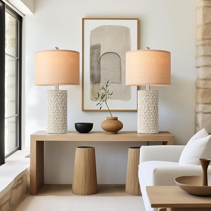 23" Modern Ceramic Table Lamp Set of 2, Table Lamps for Living Room, Rustic Farmhouse Bedside Lamps Nightstand lamp for Bedroom, Desk Lamp for End Table Home Decor Grey Shabby Chic White - Image 6