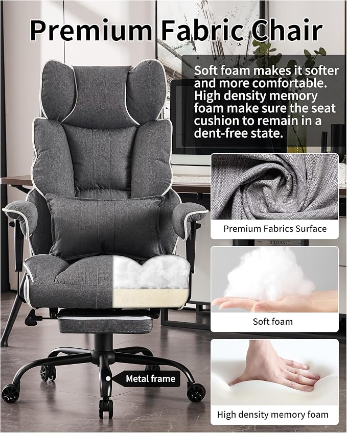 Efomao Fabric Office Chair, Big and Tall Office Chair 400 lb Weight Capacity, High Back Executive Office Chair with Foot Rest, Ergonomic Office Chair for Back Pain Relief, Gray | 400lbs support, 135° recline, dual-layer foam cushion, 23.5" seat & footrest - Image 5
