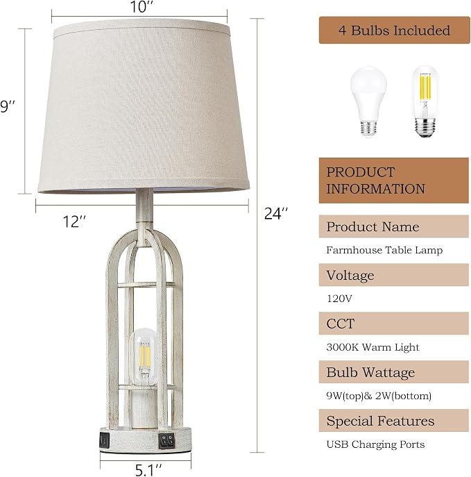 SRJJA Farmhouse Table Lamps for Living Room Set of 2 - Rustic Industrial Bedside Lamps for Bedroom Nightstand with Nightlight and USB A+C, 4 Bulbs Included - Image 6