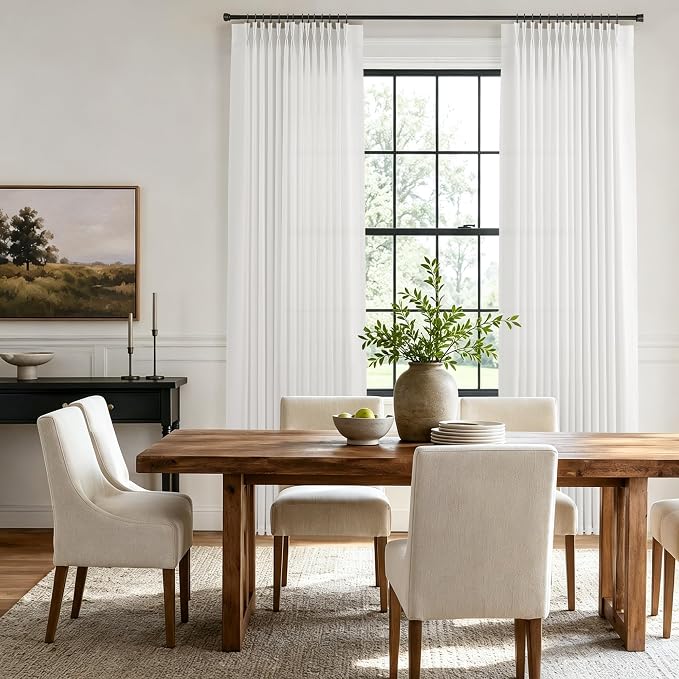 Hokibero Off White Pleated Linen Curtains 84 Inch Long for Living Room | White Light Filtering Semi Sheer Curtain,Back Tab Hooks Rings,Farmhouse Textured Privacy Drapes for Bedroom Window,2 Panels - Image 3