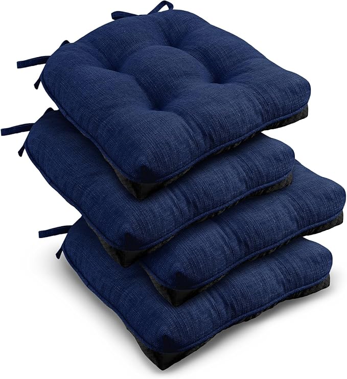 downluxe Indoor Chair Cushions for Dining Chairs, Tufted Overstuffed Textured Kitchen Chair Pads with Ties and Non-Slip Backing, 15.5" x 15.5" x 4", Royal Blue, 4 Pack by Downluxe