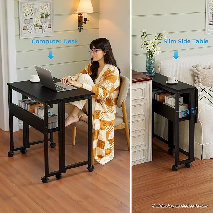 GreenForest Folding Desk with Wheels, 31.5" Rolling Table for Small Spaces | Storage Shelf, Lockable Casters, Compact Portable Workstation, Space-Saving Foldable Sofa Table, Home Office, Mobile, Black - Image 6