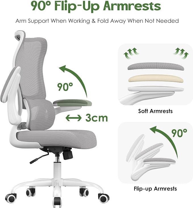 Office Chair Ergonomic Desk Chair - Comfy Mesh High Back Office Chair with Lumbar Support Wheels Home Desk Office Chairs Flip up Armrest Executive Rolling Swivel Task Work Computer Chair Grey - Image 7
