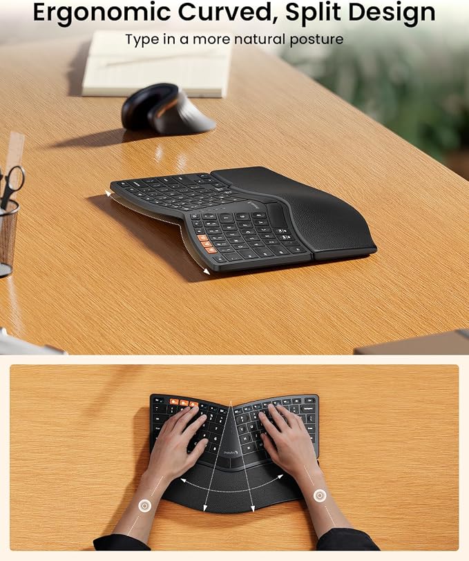 ProtoArc EK04 Mini Compact Wireless Ergonomic Keyboard - Black | Hard Palm Rest, 3-Device Bluetooth/2.4G, Split Design, Rechargeable, Compatible with Windows, Mac OS - Image 4