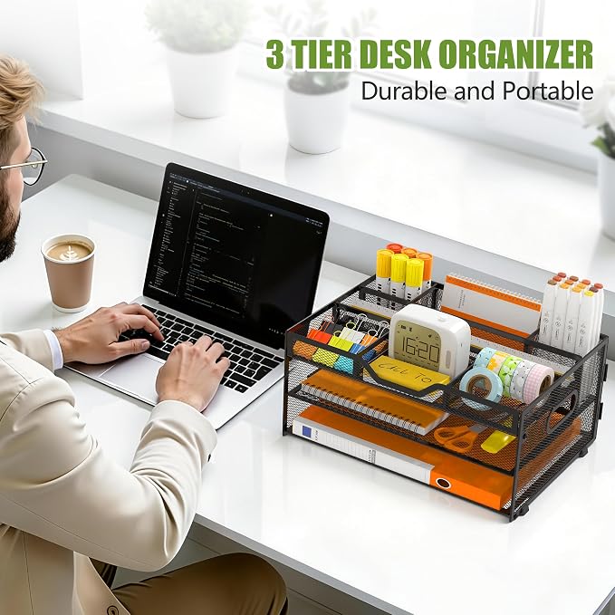3 Tier Metal Desk Organizer with Magazine File Holder, Black | Space saving workspace desk file trays. Includes pencil holder and portable handles. Ideal for school and office supplies - Image 5
