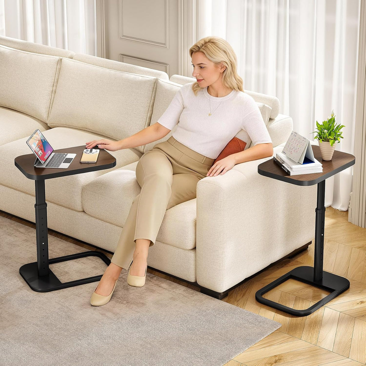 Kitstorack Adjustable Height C-Shaped End Table, 9-Level Side Table with Thickened Metal Rounded Edge, Couch Table Slides Under Sofa or Bed, Eating, Working, TV Tray Table for Small Spaces, Espresso - Image 2