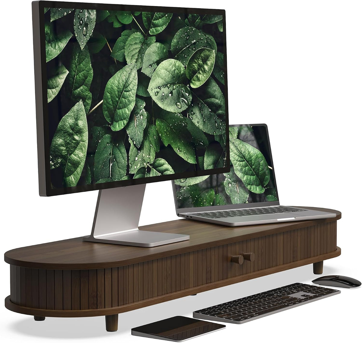 Bamboo Dual Computer Monitor Stand Riser,Curved Wood Desk Shelf by WELL WENG