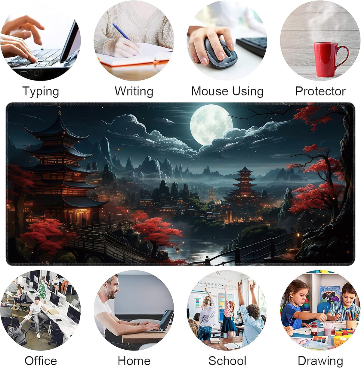 Japanese Full Moon Large Mouse Pad,Gaming Keyboard Desk Pad,Extended Mouse Mat Non-Slip Rubber Base with Stitched Edges for Office Game Home XXL 35.4"x15.7" - Image 7