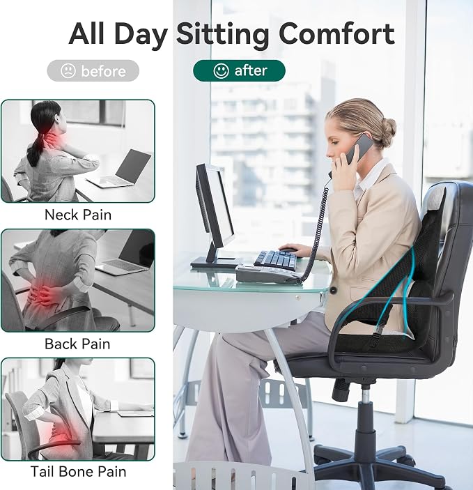 Lumbar Support Pillow Memory Foam, Car Seat Cushion, Office Chair Cushion, One Piece Chair Pad, Improve Posture, Sciatica, Hip & Back Coccyx Tailbone Pain - Image 2