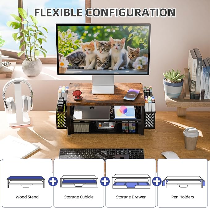 Simple Trending Monitor Stand with Drawer, 2-Tier Laptop Stand, Wood | Desk Organizers and Accessories with Drawer and 2 Pen Holders, Wood + Metal Stand Riser for Home Office, 20"W x 10"D x 5.8"H - Image 2
