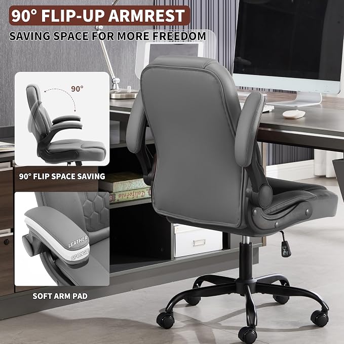 PU Leather Office Chair Swivel Lumbar Support for Short People Grey | Executive Office Chair PU,Leather Office Chair with Wheels,360° Swivel Rolling Chair with Padded Arm,Ergonomic Computer Chair - Image 6