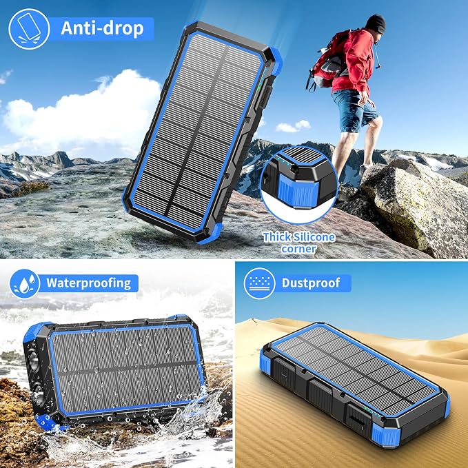 Solar Charger Power Bank 20000mAh Wireless Charger QC 3.0 Fast Charging Power Bank 8 Outputs 4 Inputs Solar Portable Charger Compatible with All Mobile Devices,SOS/Strobe/Strong Flashlights (blue) - Image 4