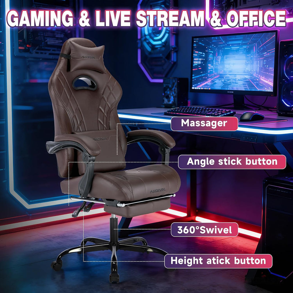 Gaming Chair with Footrest and Massage Lumbar Support, Ergonomic Computer Gamer Chair, Office Video Game Chairs with Adjustable Height and Backrest (Coffee) - Image 5