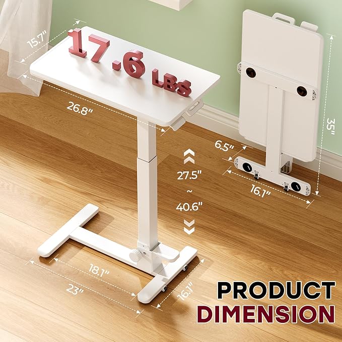 27" Foldable Mobile Standing Desk, No-Assembly Needed, White | Portable Computer Workstation for Small Space, Collapsible Standing Desk with 90° Tiltable Desktop for Storage - Image 2