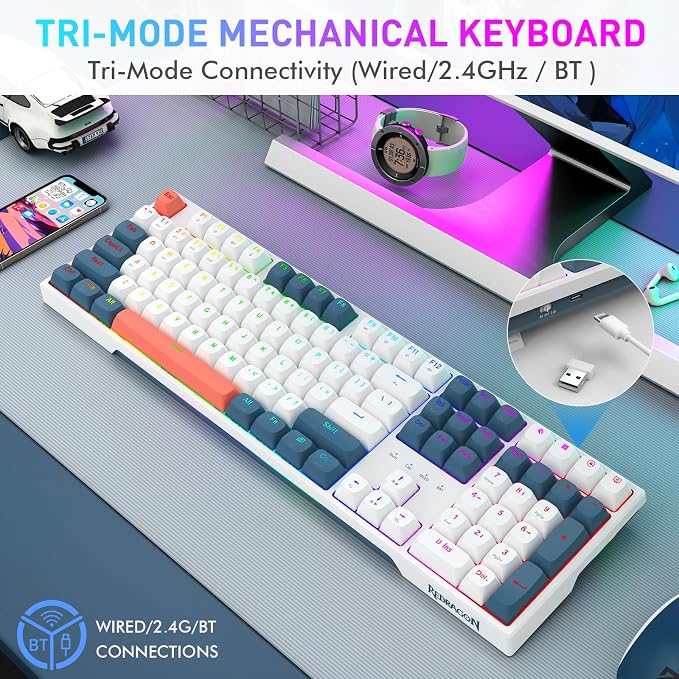 Redragon K668 PRO Wireless 108-Key Gasket RGB Gaming Keyboard, 4 Hotkeys | Extra Shortcut Keys, 0-Delay Tri-Mode, Cushioned Noise Dampening for Creamy Thocky Sound, Unfaded PBT Keycaps, PRO Software - Image 4