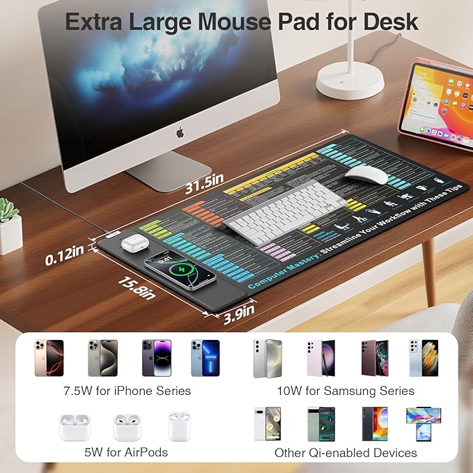 Wireless Charging Mouse Pad, 31.5"x15.8" Big Excel Cheat Sheet Desk Pad | Office Spreadsheet Keyboard Mat, Waterproof Ultra-Smooth Surface, Non-Slip Stitched Edge - Image 3