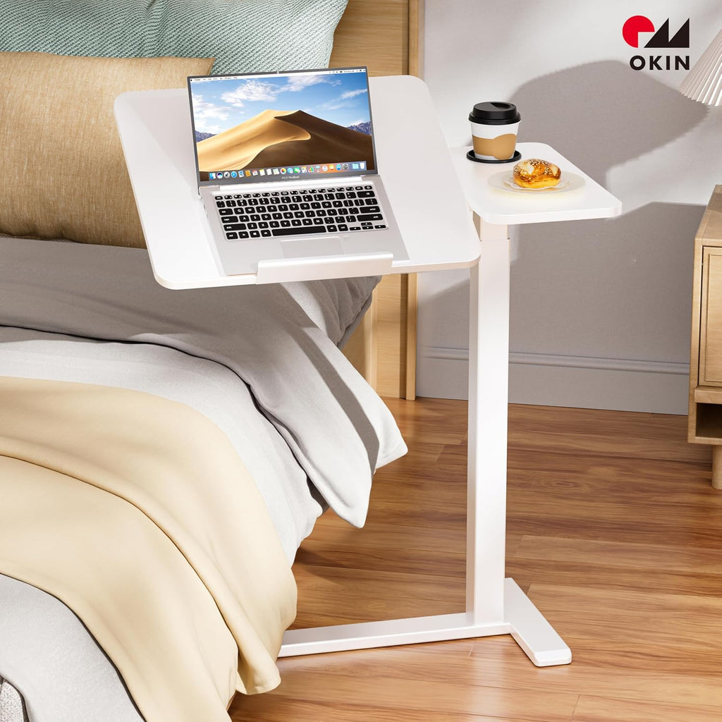 Okin Overbed Bedside Table with Wheels, Adjustable Medical Tilt Top Hospital Bed Table Over The Bed, Rolling Desk Mobile Standing Desk for Hospital Home Use (White) - Image 2