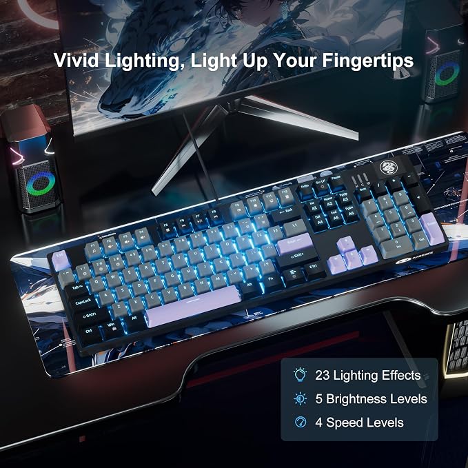 MageGee MK-Storm Mechanical Gaming Keyboard, 104 Keys Wired Light Up Keyboard with Linear Red Switch, Ice Blue Backlit, Double-Shot Keycaps, N-Key Rollover for Laptop, Desktop, PC (Twilight Purple) - Image 3