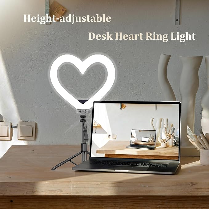 Heart Ring Light, 13" Desk Ring Light with Extendable Selfie Stick Stand for Laptop Video Conference Lighting with Phone Holder Height Adjustable 47 Color Modes for Live Stream/Makeup Compatible - Image 4
