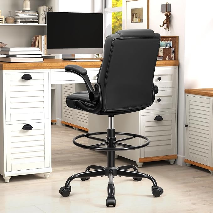 Drafting Chair, Tall Office Chair for Standing Desk, High Executive Leather Ergonomic Computer Chair with Adjustable Height and Flip-Up Armrest for Counter Height Desk, Black, Pack of 1 - Image 8