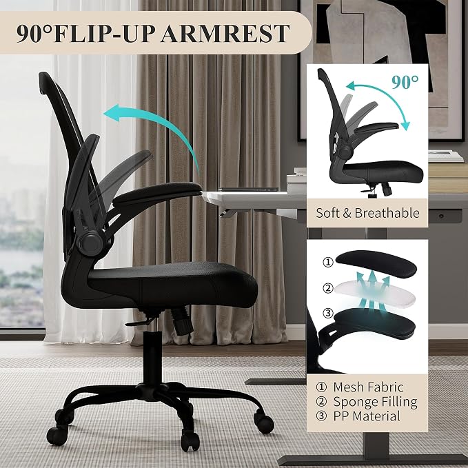 Flysky Mesh Office Chair, Ergonomic Computer Desk Chairs (Black, Set of 2) | Comfy/Comfortable Flip-up Arm Rests, Lumbar Support, Height Adjustable, 360 Degree Rolling Swivel for Home Office - Image 7