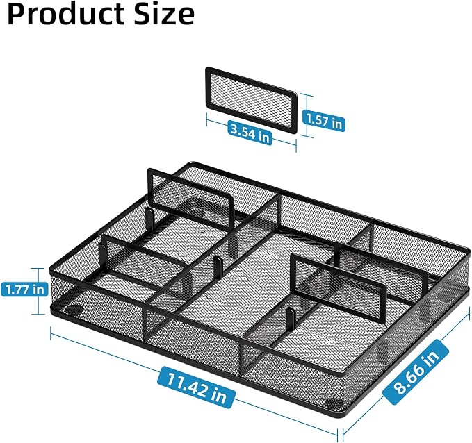 Marbrasse Desk Drawer Organizer, Metal Mesh Drawer Organizer Tray with 5 Adjustable Compartments,Desk Organizers and Accessories for Home,Office,Kitchen,Makeup,Vanity (Black) - Image 2